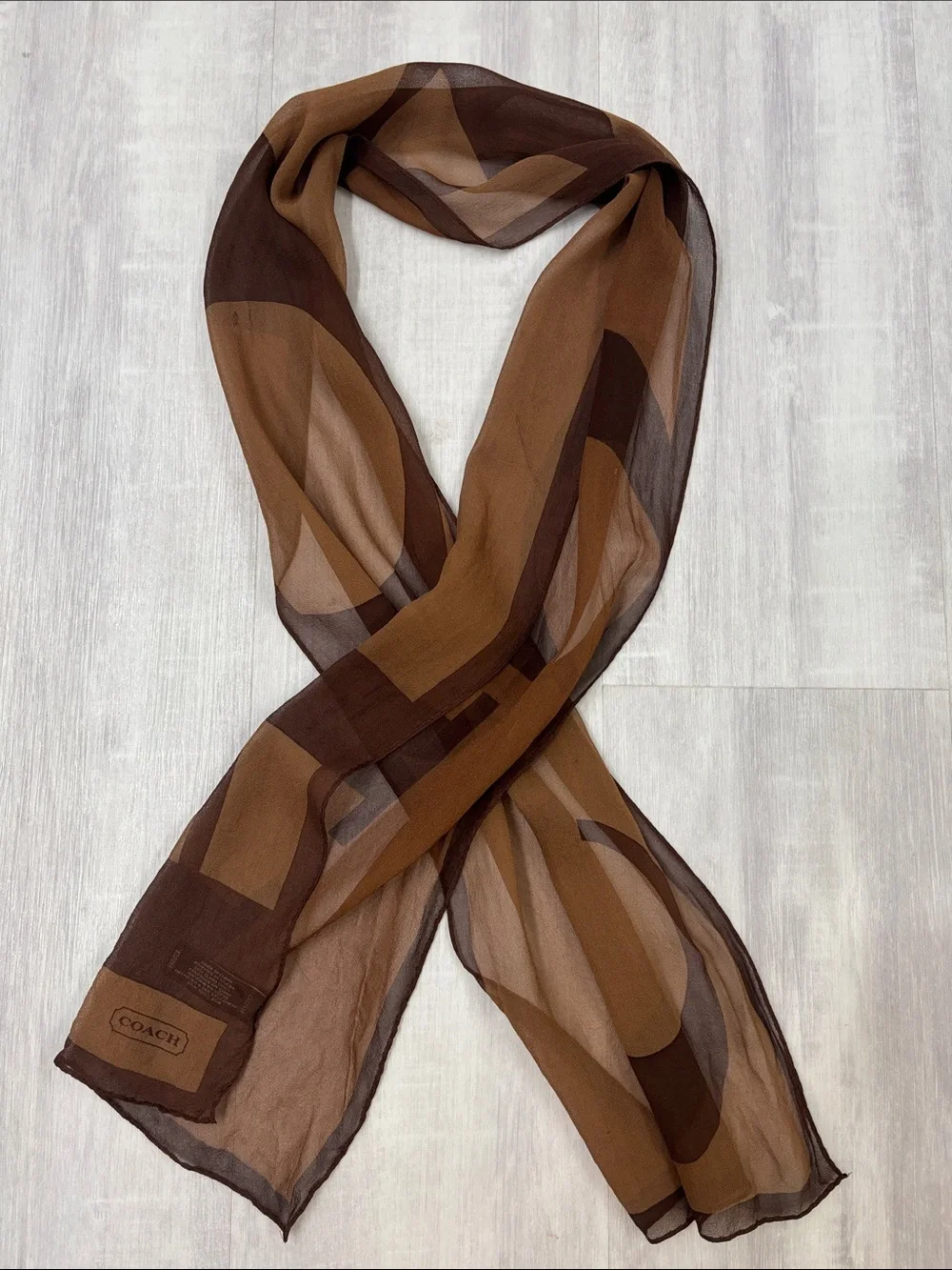 Coach Brown Logo Panel Long Scarf 100% Silk